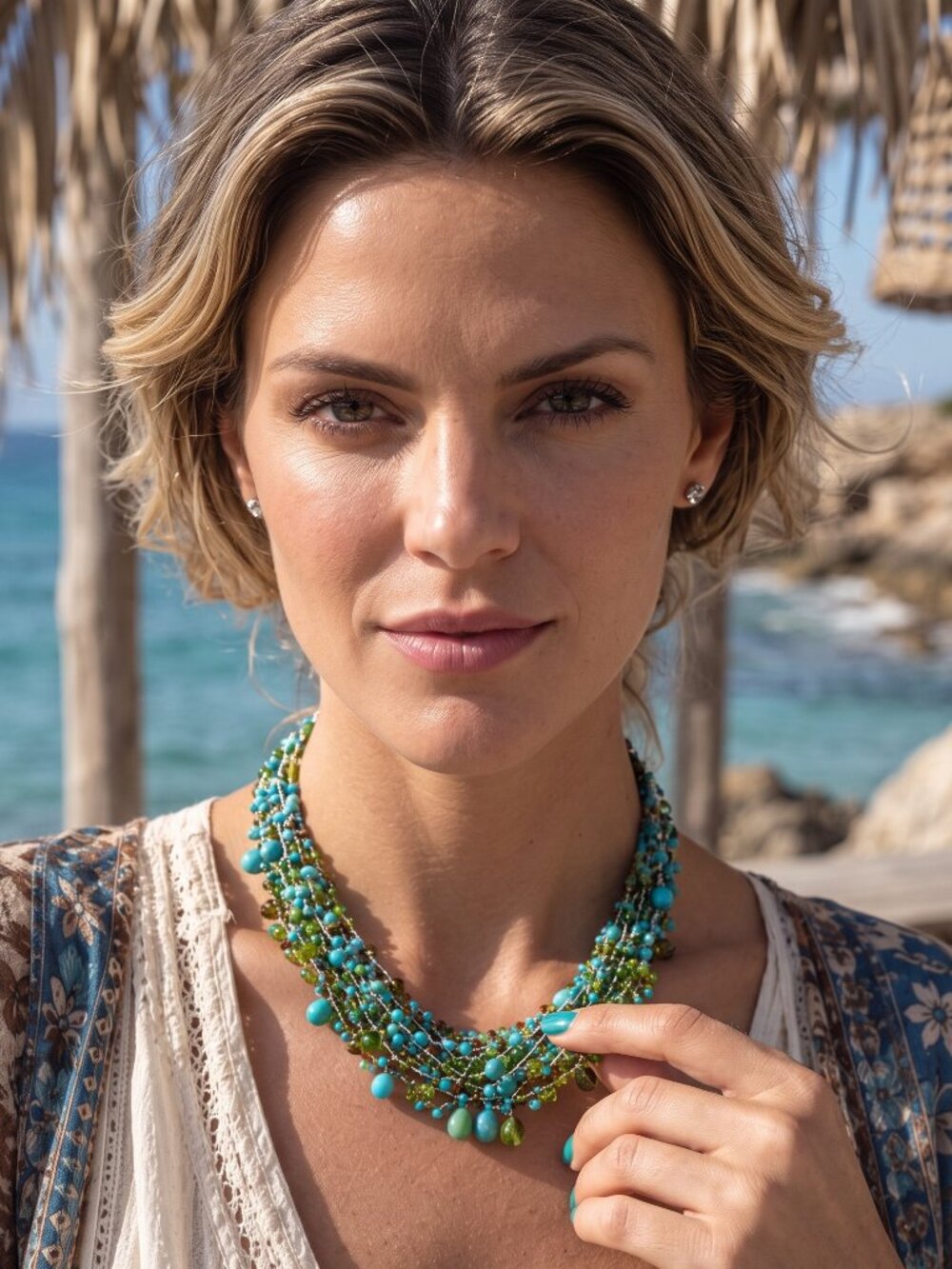 Multistrand Crochet Bead Necklace Turquoise Blue Lime Green Boho Statement 16.5"